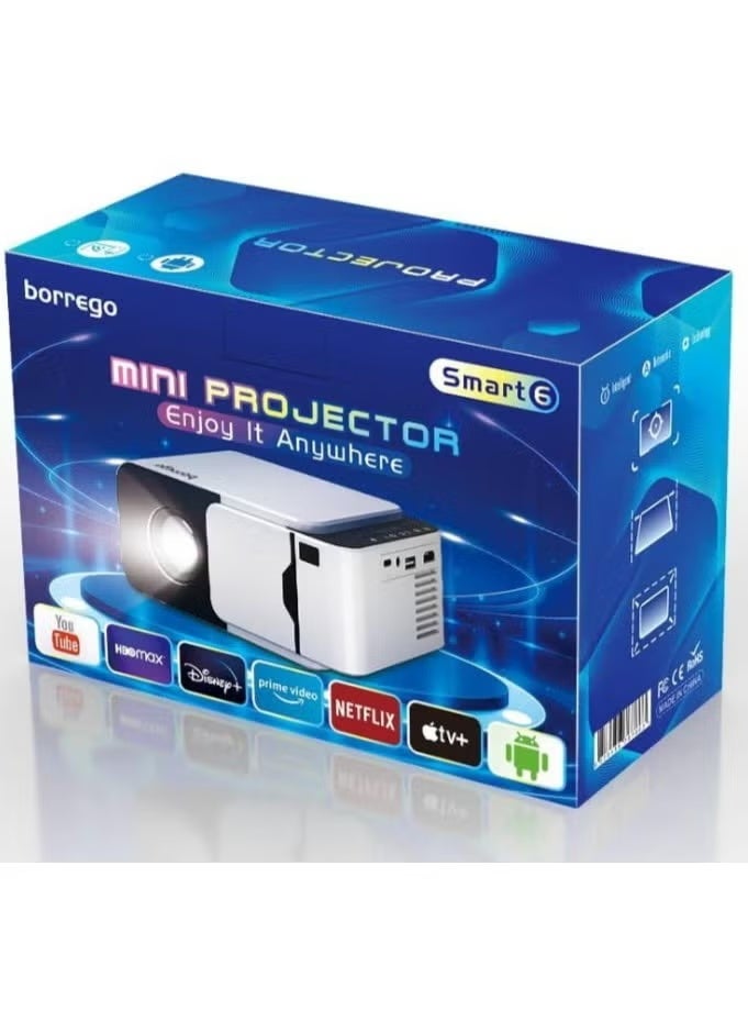 borrego Smart 6 Mini Android 13 Portable Projector with 1080P HD & 4K Support, 150 ANSI Lumens, WiFi 6 & Bluetooth 5.4, Compact Home Theater for Movies, Gaming, and Presentations - Image 1